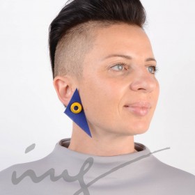 Auskarų sistema prie ausies geltoni, skirtingos formos su mėlyna - žalia oda